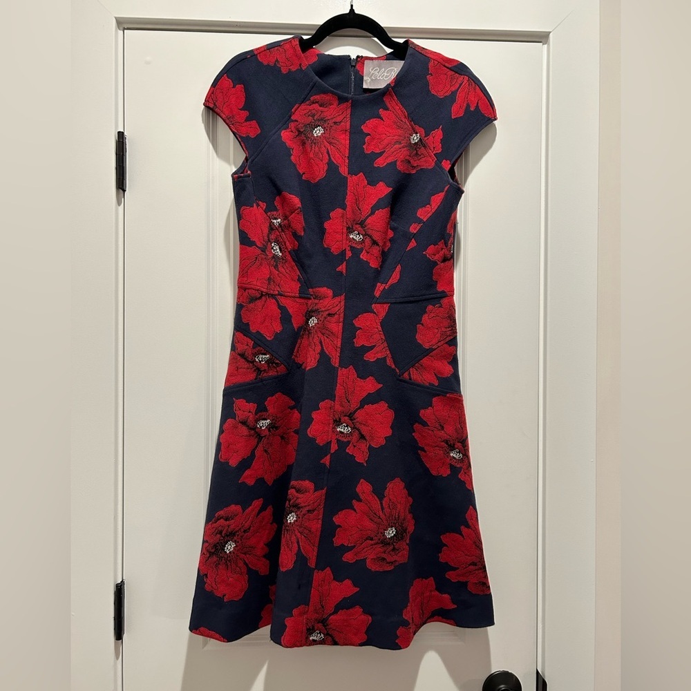 Lela Rose Navy & Red Poppy Floral Cap Sleeve A-Line Dress Sz 8